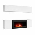 Parete Attrezzata Sospesa Biocamino Integrato Effetto Camino Mobile TV Salvaspazio Pensile Moderno Vani Contenitivi Push-Pull Arredo Living Minimal
