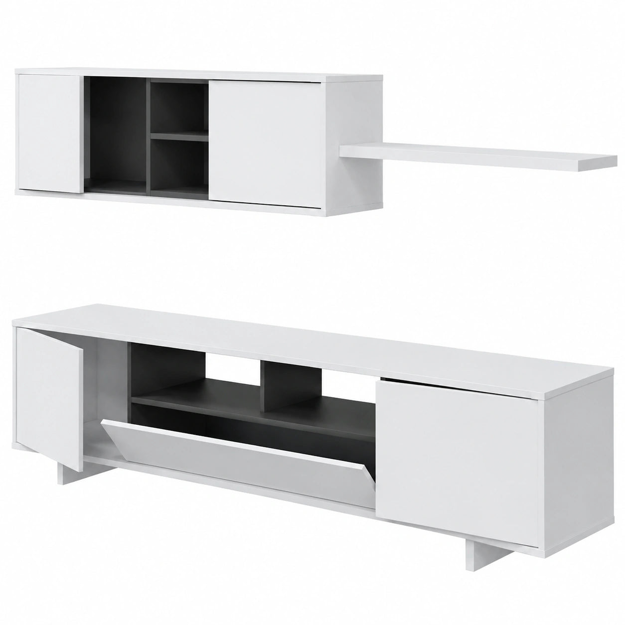 Mobile da soggiorno porta TV, Composizione set salotto, set salotto con pensile, 200 × 41h46 cm, Bianco lucido