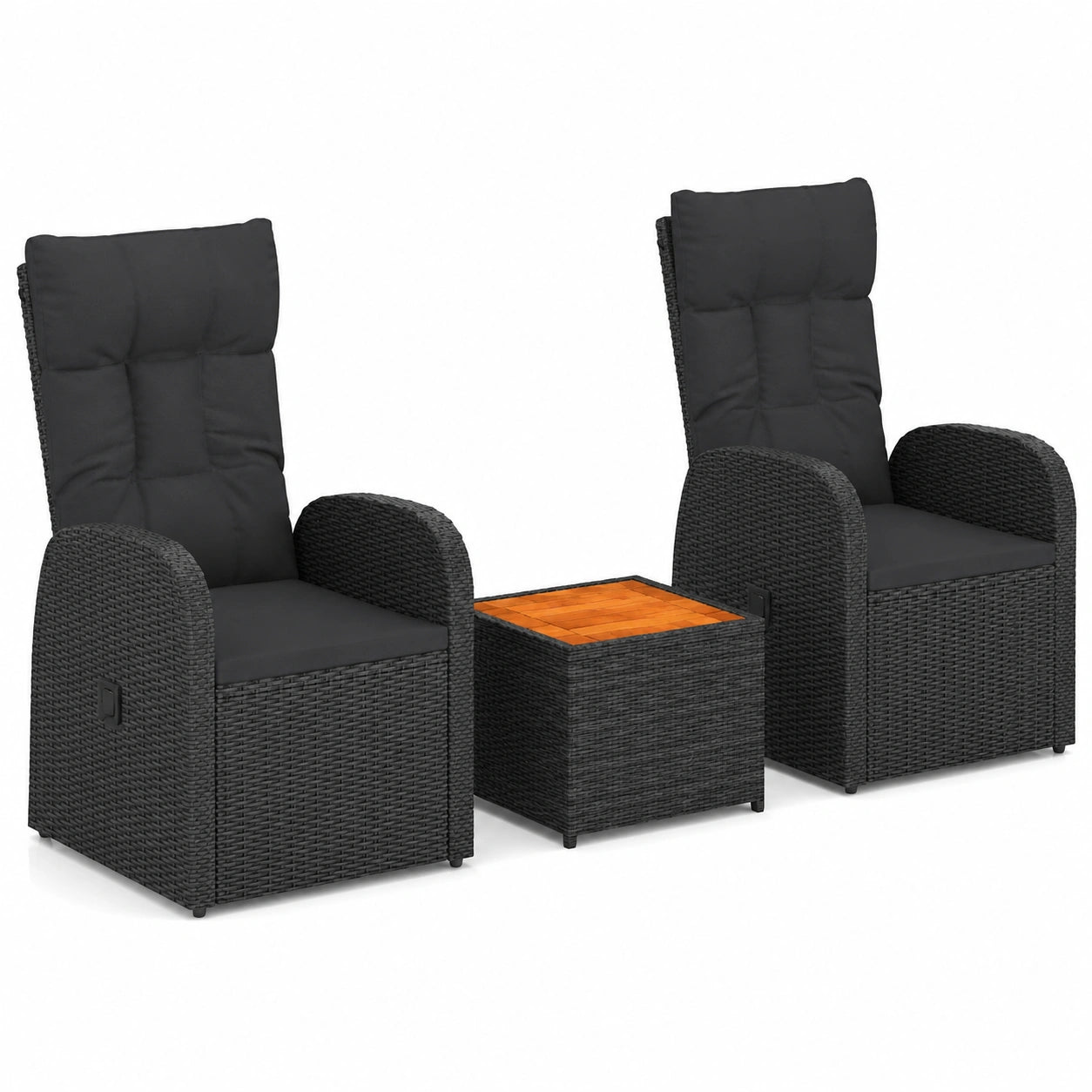 Homgoday set Mobili Giardino 3pz Nero Polyrattan e Legno Massello Acacia, Mobili per Casa Interno Esterno Soggiorno Camera da Letto x
